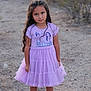 Gabriella is registered to the contest to win money with this photo: casual, child, cute, daylight, desert, dirt, dress, fashion, girl, long_hair, nature, outdoor, person, portrait, princess, purple, sandals, smile, standing, young