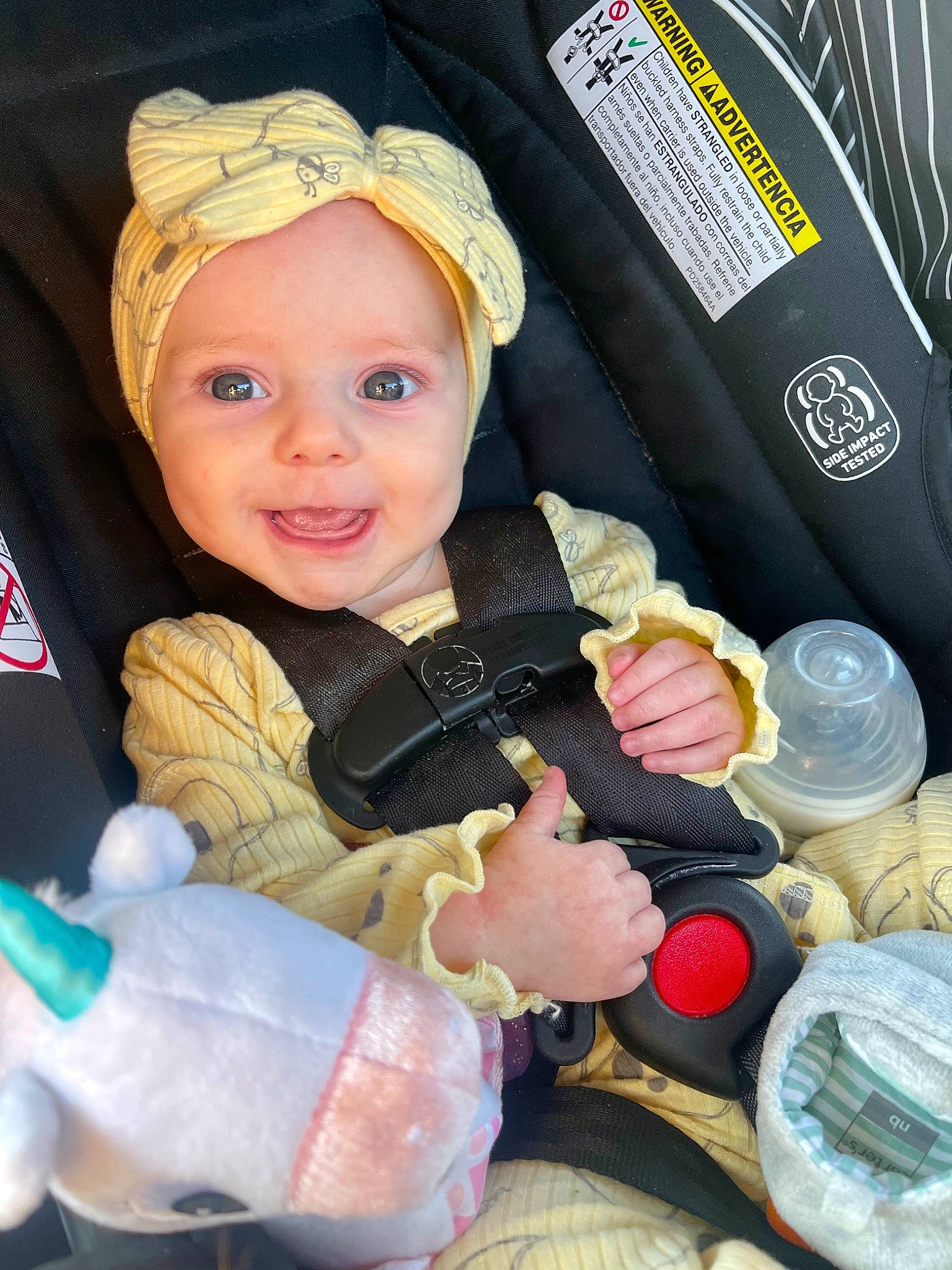 Lennox is registered to the contest to win money with this photo: auto_part, baby, baby_carriage, baby_in_car_seat, baby_products, baby_safety, baby_toddler_clothing, car_seat, cheek, child, comfort, finger, fun, gesture, happy, headwear, nail, person, skin, smile
