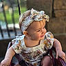 toddler, child, baby, headband, floral, smile, outdoor, swing, clothing, happy, cute, person, portrait, seat, wood, baby_clothes, headwear, skin, hair, nature