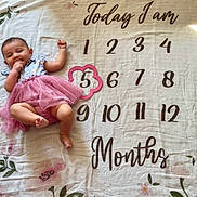 Jolynn joined the competition — help win amazing prizes! baby, infant, milestone_blanket, pink_dress, blue_top, flower_frame, numbers, months, smiling, happy, lying_down, hand_in_mouth, cute, child, floral_pattern, fabric, age_marker, portrait, indoors, baby_girl