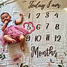baby, infant, milestone_blanket, pink_dress, blue_top, flower_frame, numbers, months, smiling, happy, lying_down, hand_in_mouth, cute, child, floral_pattern, fabric, age_marker, portrait, indoors, baby_girl