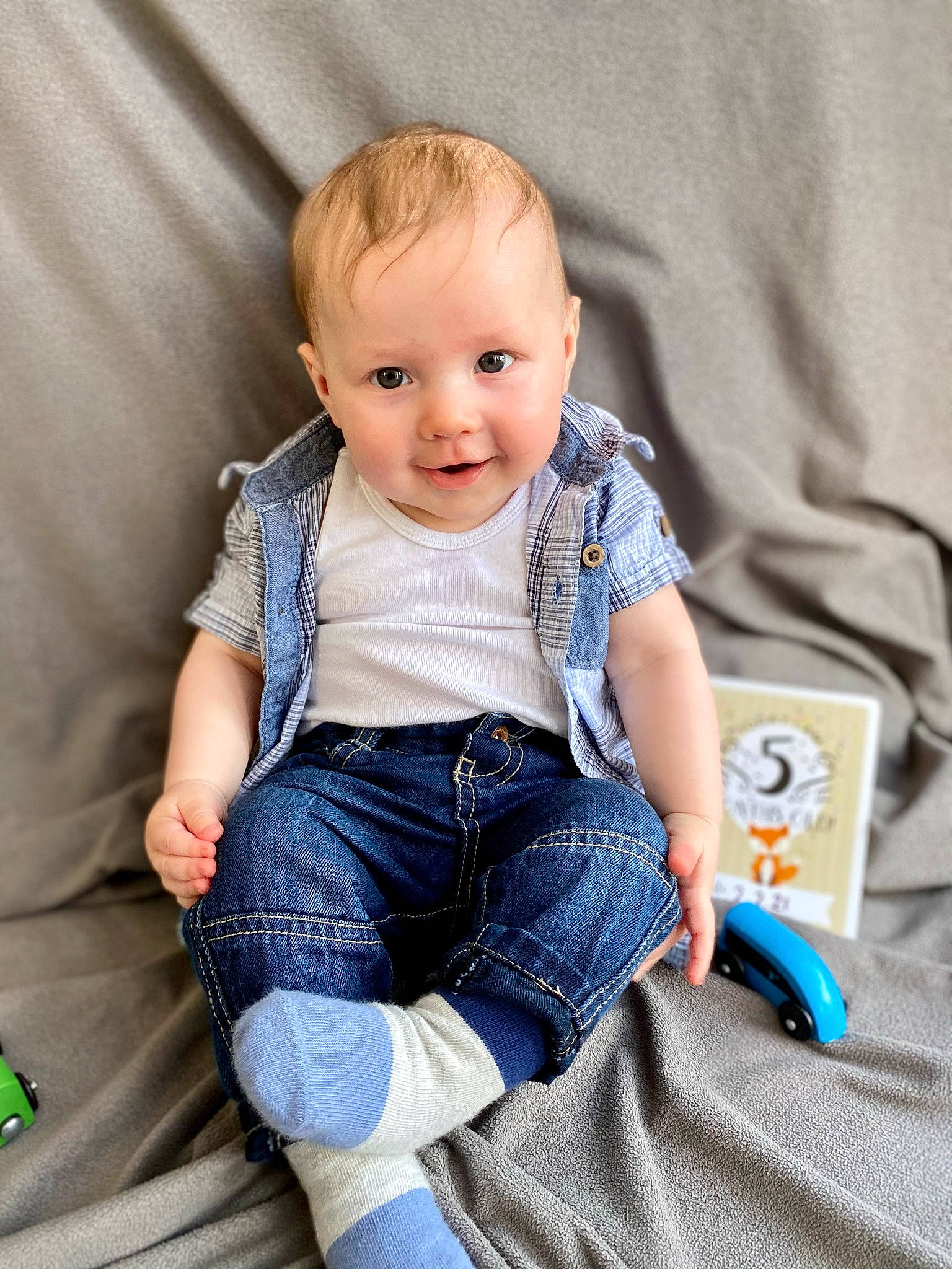 Hugo joined the competition — help win amazing prizes! arm, azure, baby, baby_toddler_clothing, cheek, child, comfort, denim, eye, flash_photography, hand, happy, head, jeans, leg, person, skin, sleeve, t_shirt, toddler