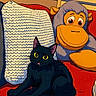 Mochi a rejoint le concours — aidez-le/la à gagner de superbes lots ! animal, black_cat, cartoon_style, cozy, cute, decor, domestic, feline, home, indoor, knitted_pillow, pet, plush_toy, red_couch, relaxed, sitting, soft_toys, stuffed_monkey, white_pillow, yellow_eyes