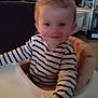 Noah participe au concours pour gagner de l'argent avec cette photo : baby, candid, child, expression, face, furniture, hair, hand, high_chair, home, indoor, living_room, person, seat, smile, striped_shirt, table, television, toddler, young_child