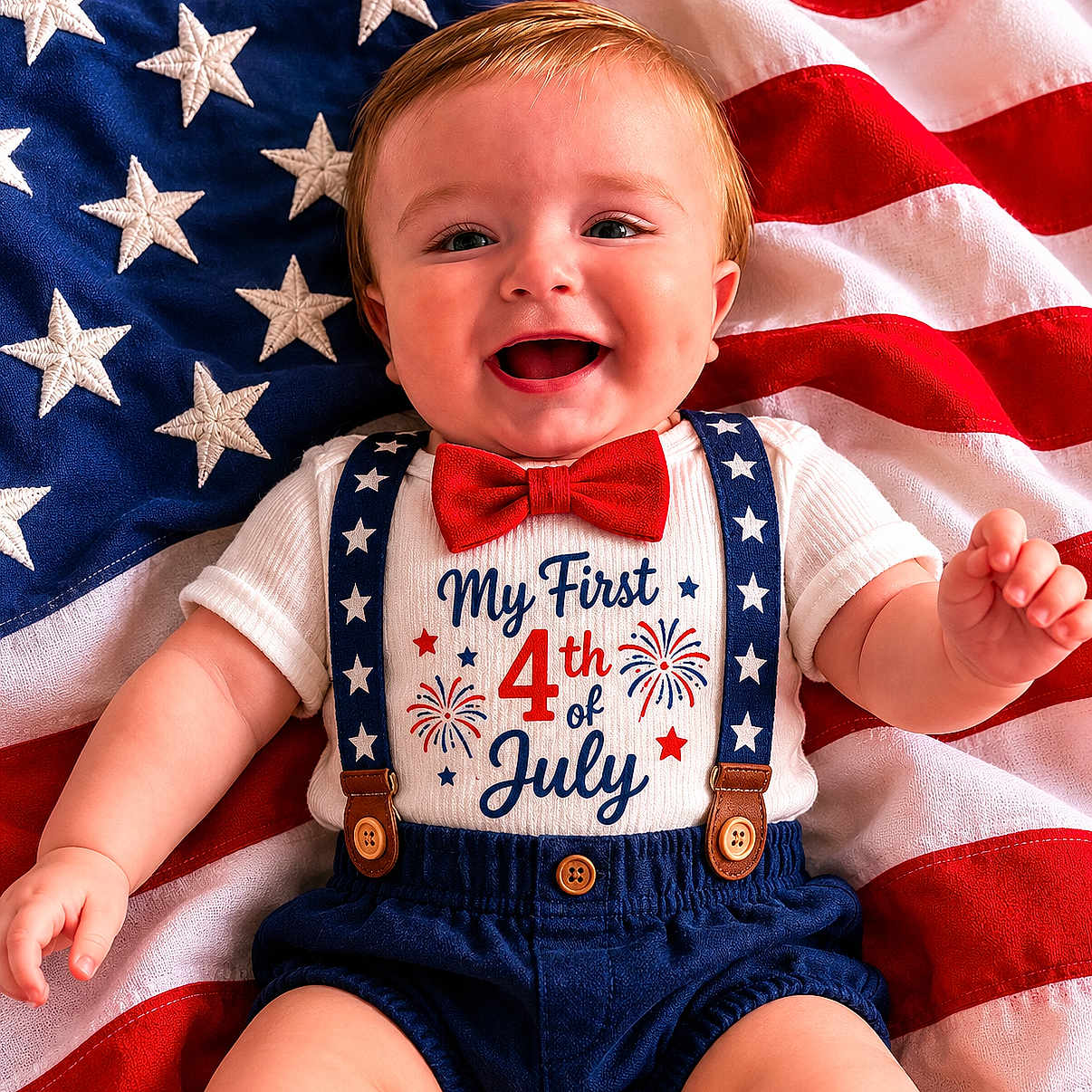 Sebastian is registered to the contest to win money with this photo: baby, infant, smiling, red_bow_tie, suspenders, american_flag, holiday, 4th_of_july, stars, stripes, patriotic, celebration, clothing, cute, happy, portrait, child, festive, background, laying_down