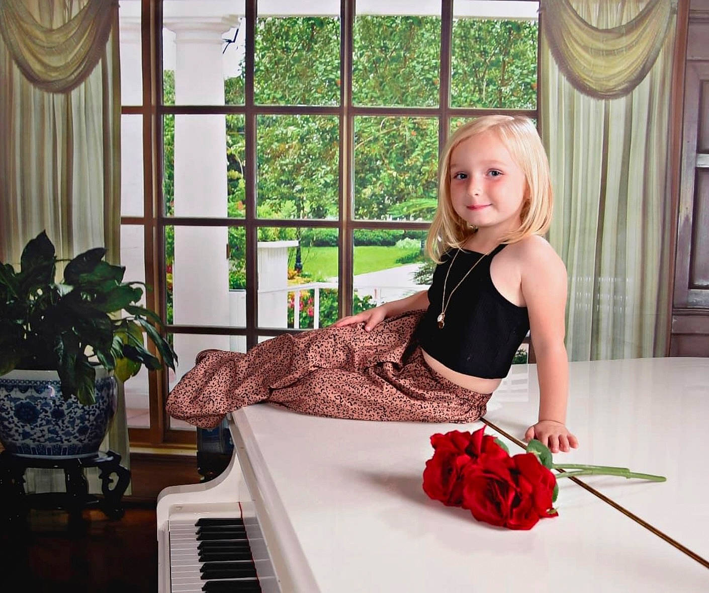 Kaelynn joined the competition — help win amazing prizes! beauty, curtain, dress, event, fashion_design, flash_photography, flooring, flower, human_leg, joint, joy, keyboard, long_hair, magenta, musical_instrument, person, petal, piano, plant, sitting