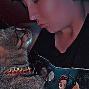 Karma is registered to the contest to win money with this photo: person, cat, tabby_cat, collar, tshirt, graphic_tshirt, animated_characters, face, closeup, indoor, dim_lighting, affection, cute, pet, animal, human, interaction, love, cozy, puckering
