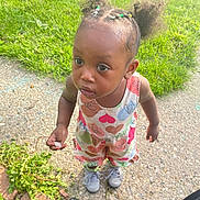 Zy is registered to the contest to win money with this photo: toddler, child, outdoor, grass, sidewalk, curious, standing, colorful_clothing, pigtails, hair_ties, shoes, sunlight, nature, greenery, person, daylight, casual, cute, small_object, portrait