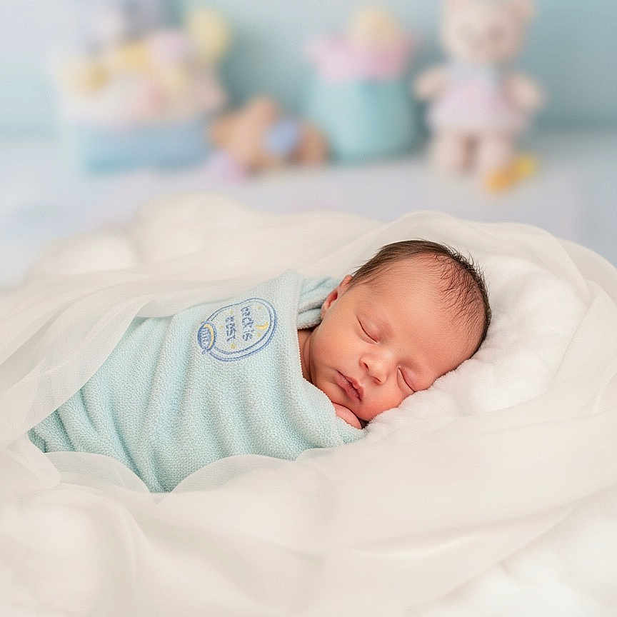 Gabriella joined the competition — help win amazing prizes! baby, blanket, blue, child, cozy, cute, fluffy, indoors, infant, newborn, nursery, pastel, peaceful, portrait, sleeping, soft, stuffed_animal, toy, white, wrapped