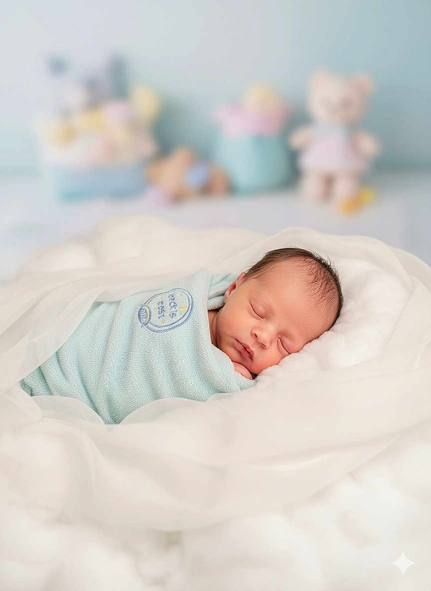 Gabriella joined the competition — help win amazing prizes! newborn, baby, sleeping, blanket, soft, fluffy, pastel, nursery, toy, stuffed_animal, blue, white, peaceful, infant, portrait, cozy, wrapped, child, indoors, cute