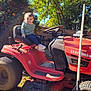 child, toddler, lawn_tractor, craftsman, outdoor, sunny, greenery, trees, grass, rake, garden, yard, smiling, person, vehicle, seat, clothing, footwear, daylight, fence