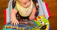 Ethan is registered to the contest to win money with this photo: baby, infant, child, sitting, activity_walker, baby_toy, colorful_toys, playtime, bib, green_shirt, wooden_floor, indoor, home, blanket, furniture, portrait, looking_up, curious, hands, safe