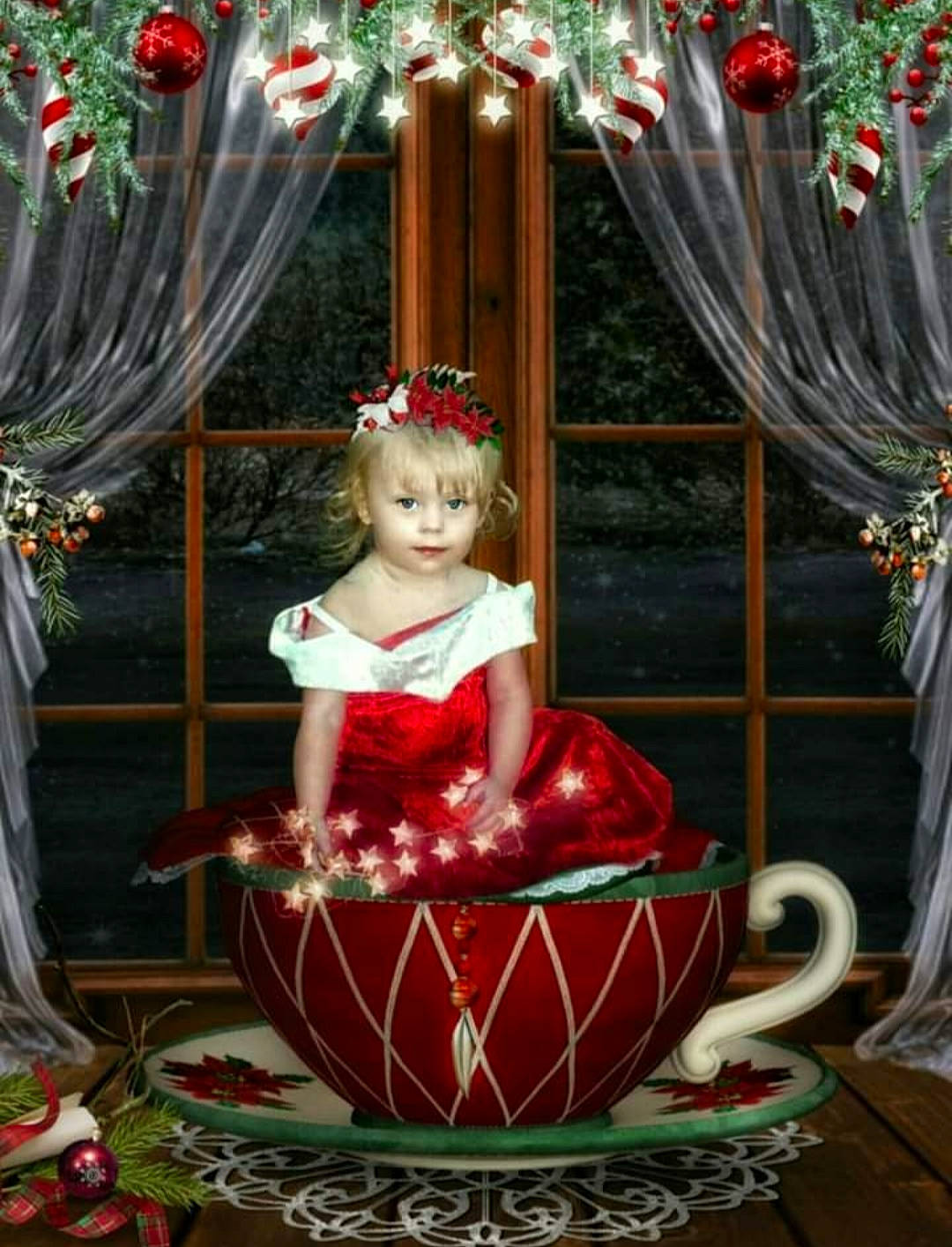 Winona joined the competition — help win amazing prizes! christmas_decoration, christmas_ornament, dishware, dress, drinkware, event, holiday, interior_design, magenta, ornament, person, pink, plant, red, serveware, sitting, tableware, toddler, tree, twig