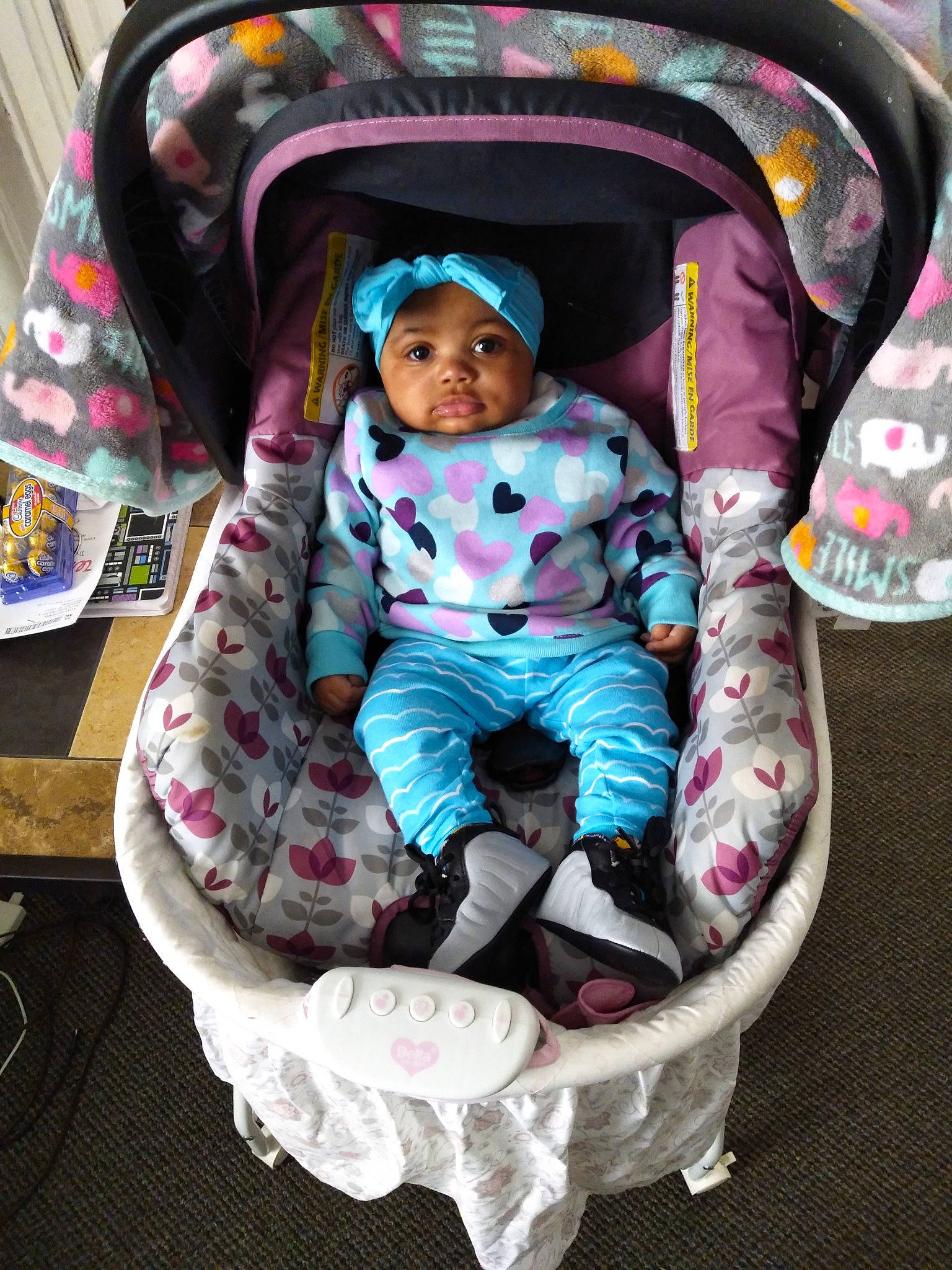 Avah is registered to the contest to win money with this photo: baby, baby_carriage, baby_in_car_seat, baby_products, car_seat, child, headwear, person, pink, product, toddler