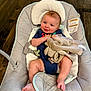 Asher is registered to the contest to win money with this photo: baby, infant, smiling, baby_seat, blanket, pacifier, wooden_floor, clothing, indoor, comfort, cute, face, child, relaxing, soft_toy, legs, head_support, happy, person, cushion