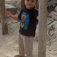 Marcel a rejoint le concours — aidez-le/la à gagner de superbes lots ! toddler, child, barefoot, sand, wooden_poles, striped_pants, black_tshirt, lion_print, smiling, outdoor, nature, curious, standing, young_child, portrait, casual_clothing, daylight, rocks, plants, playful
