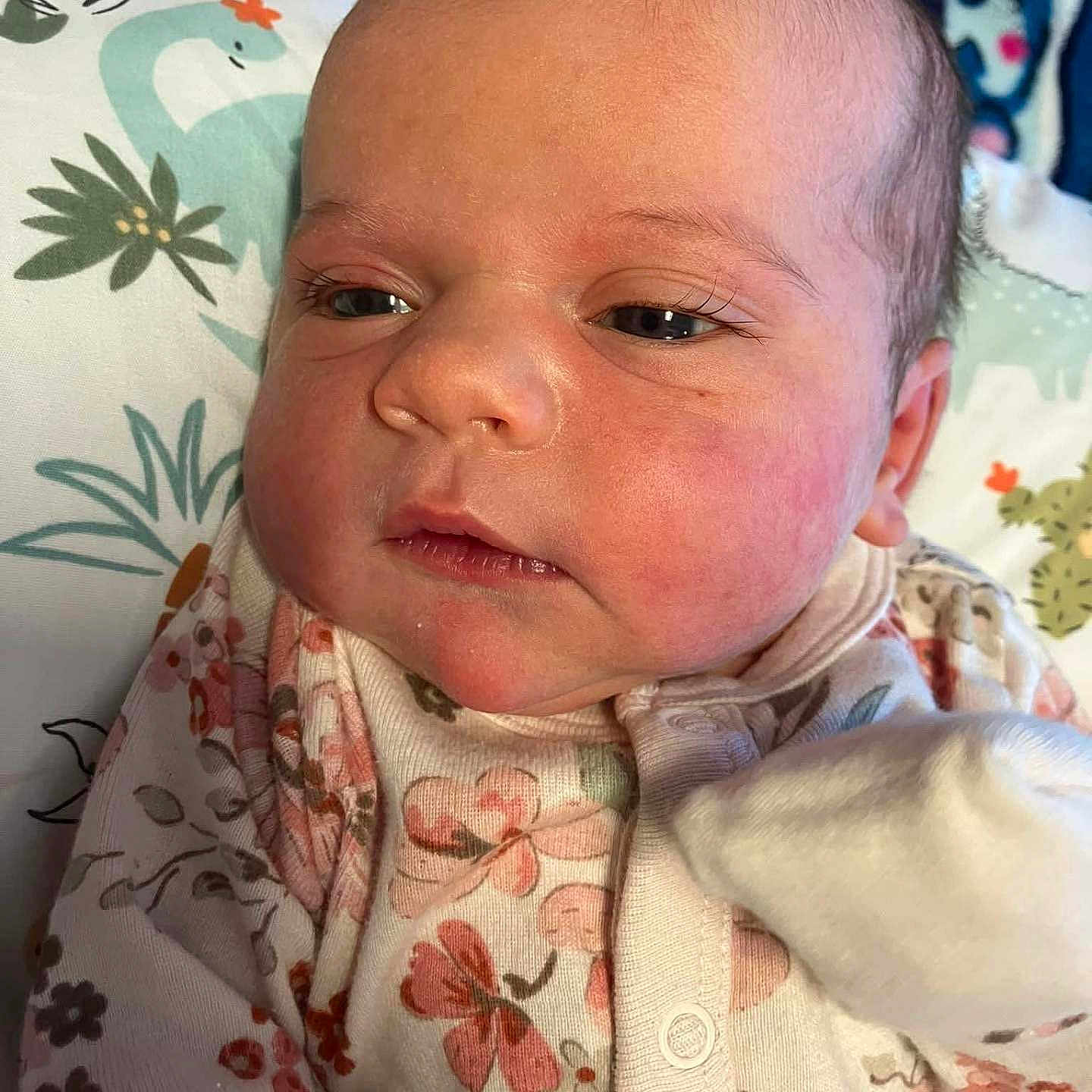 Everleigh Ann Canter joined the competition — help win amazing prizes! baby, blanket, cheeks, closeup, clothing, cute, eyelashes, face, floral_pattern, head, indoors, infant, newborn, onesie, person, portrait, resting, skin, sleepwear, soft_lighting