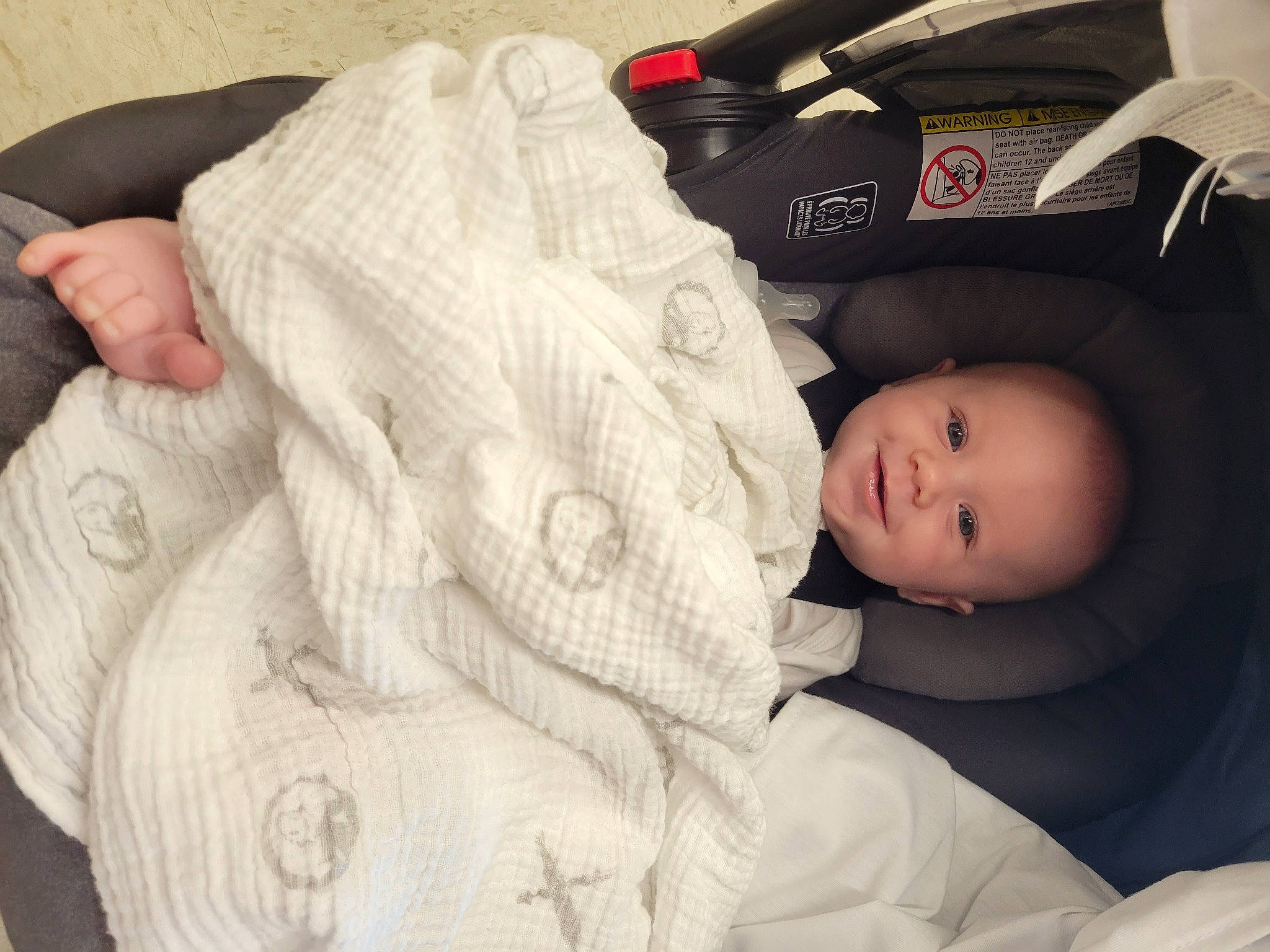 Luke is registered to the contest to win money with this photo: baby, baby_carriage, baby_products, baby_safety, baby_sleeping, baby_toddler_clothing, car_seat, cheek, child, comfort, fashion_accessory, finger, gesture, hand, nap, person, room, sitting, skin, sleep