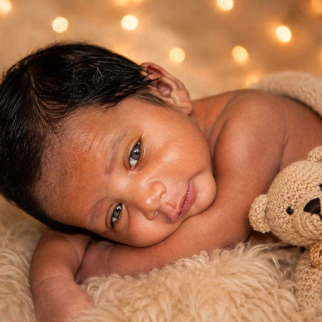 Asher joined the competition — help win amazing prizes! baby, infant, teddy_bear, blanket, soft_texture, cozy, portrait, closeup, warm_lighting, fairy_lights, cute, sleepy, resting, knitted_toy, child, indoor, comfort, peaceful, fuzzy, newborn