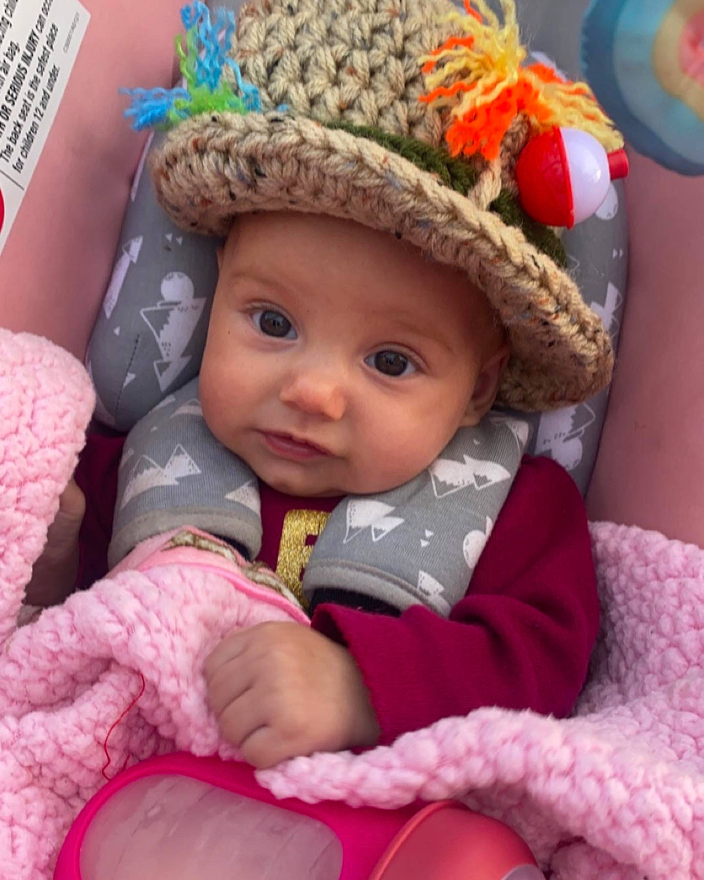 Everlee is registered to the contest to win money with this photo: baby, baby_sleeping, baby_toddler_clothing, cap, cheek, child, comfort, costume_hat, eye, fedora, hat, headgear, headwear, knit_cap, person, pink, skin, sun_hat, textile, toddler