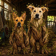 Woody a rejoint le concours — aidez-le/la à gagner de superbes lots ! dogs, canines, two_animals, portrait, standing, rustic, woodland, forest, tree_costumes, bark, leaves, branches, fireflies, workshop, barn, indoor, fantasy, magical, front_facing, animal_portrait