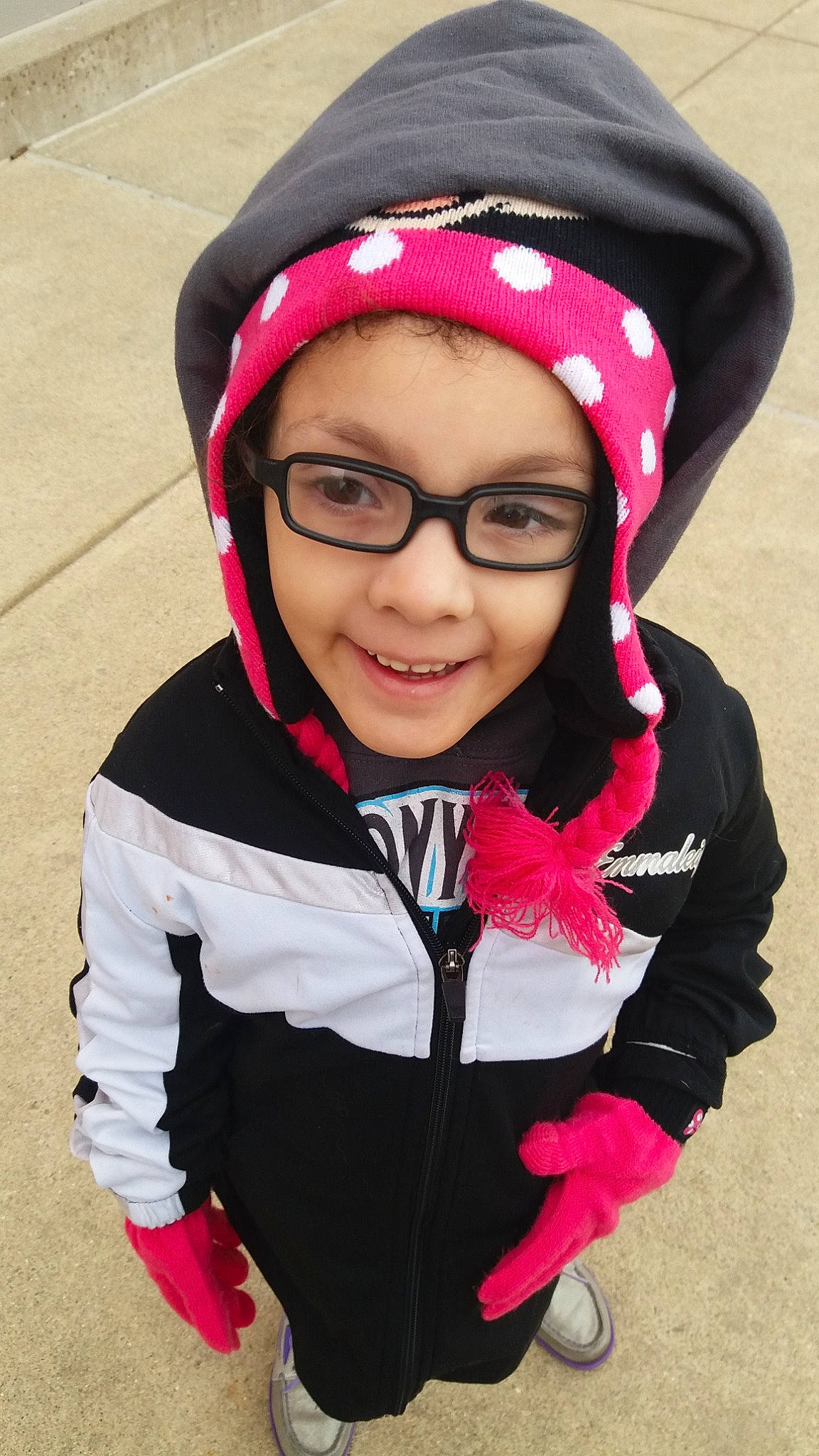 Emmaleigh joined the competition — help win amazing prizes! child, cool, eyewear, fashion_accessory, fun, glasses, headgear, headwear, jacket, joy, knit_cap, lip, magenta, outerwear, person, pink, smile