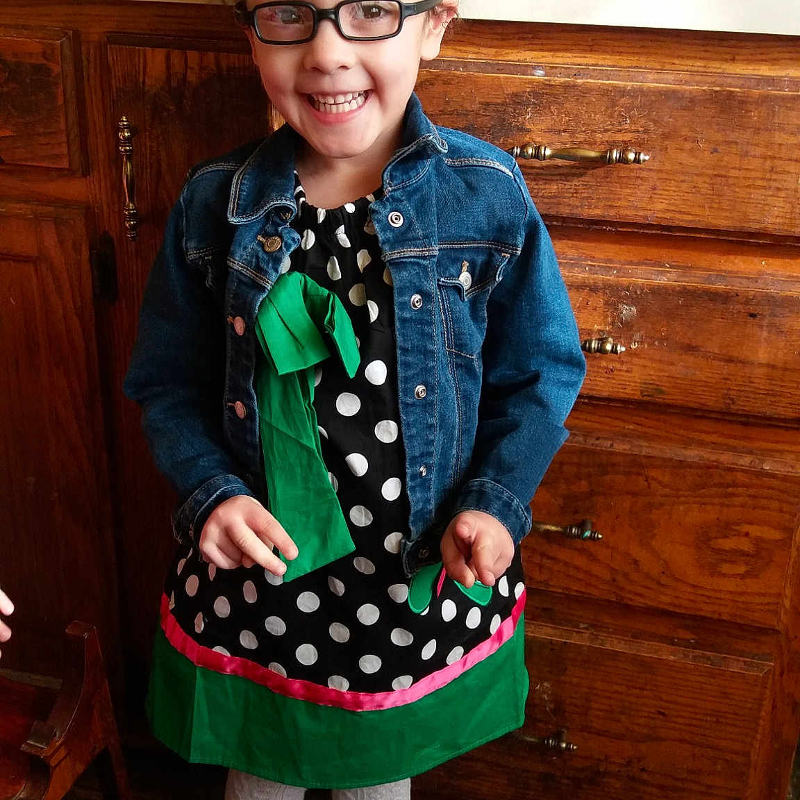 Emmaleigh joined the competition — help win amazing prizes! child, child_model, clothing, costume, design, glasses, holiday, joy, outerwear, pattern, person, polka_dot, smile, toddler