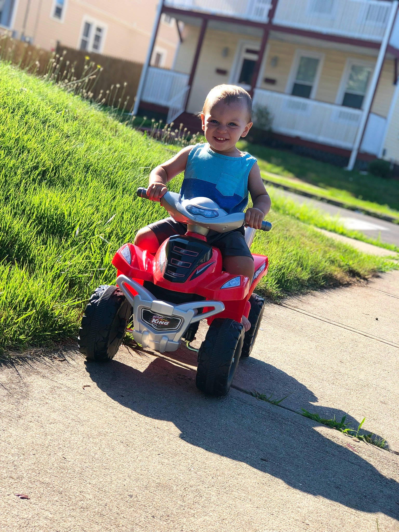 Maverick joined the competition — help win amazing prizes! all_terrain_vehicle, automotive_wheel_system, car, child, fun, garden, grass, joy, lawn, person, play, riding_toy, toddler, vacation, vehicle, wheel, yard