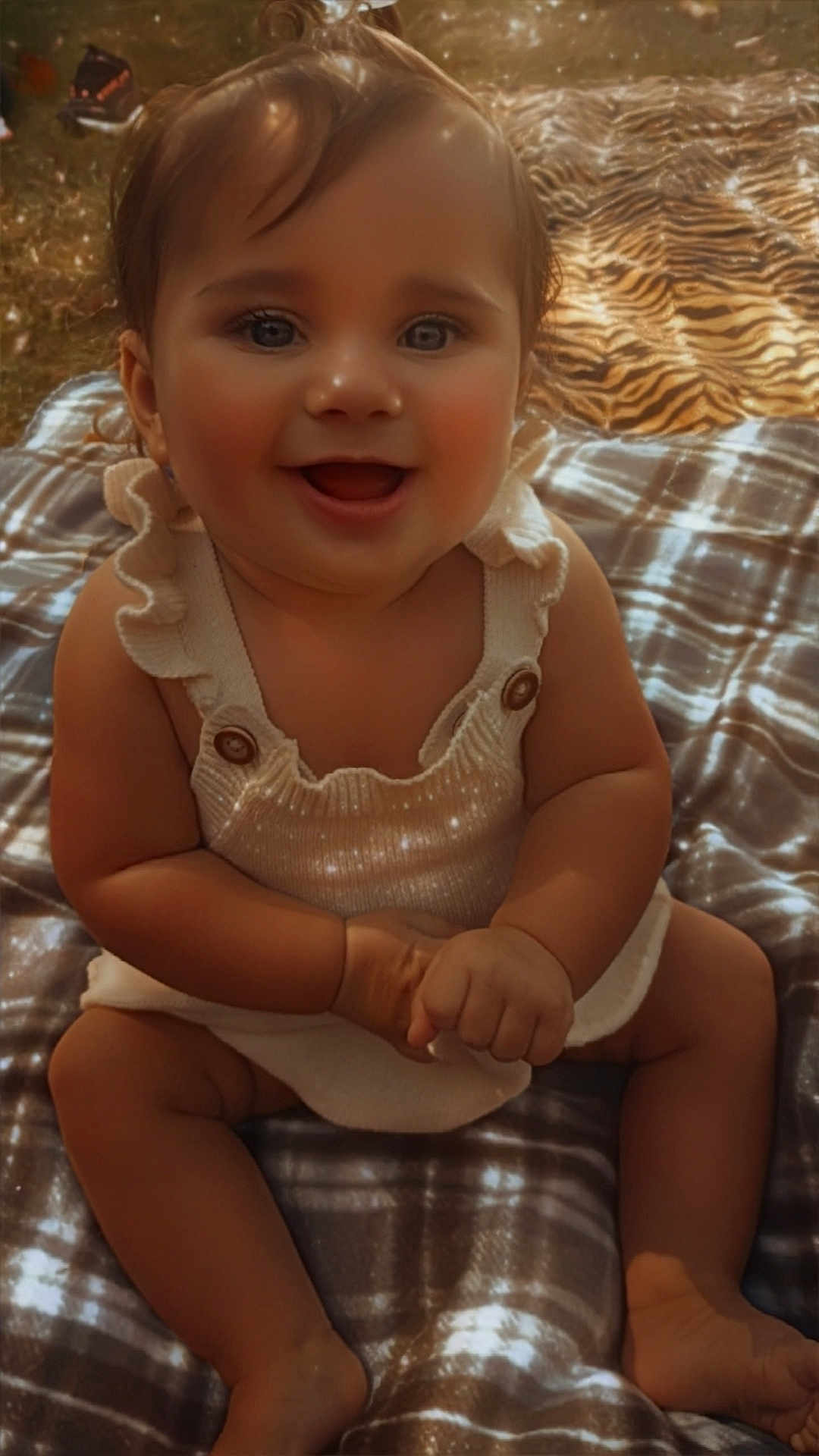 Serena is registered to the contest to win money with this photo: baby, smiling, sitting, blanket, plaid, outdoor, child, cute, happy, infant, clothing, sunlight, face, person, nature, texture, pattern, legs, hands, warm