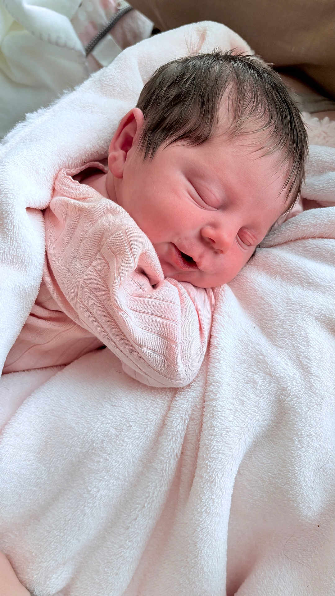 Izzabelle joined the competition — help win amazing prizes! newborn, baby, sleeping, pink_blanket, pink_clothing, soft_texture, close_up, infant, peaceful, resting, cute, child, portrait, indoors, warm, cozy, skin, head, hair, baby_girl