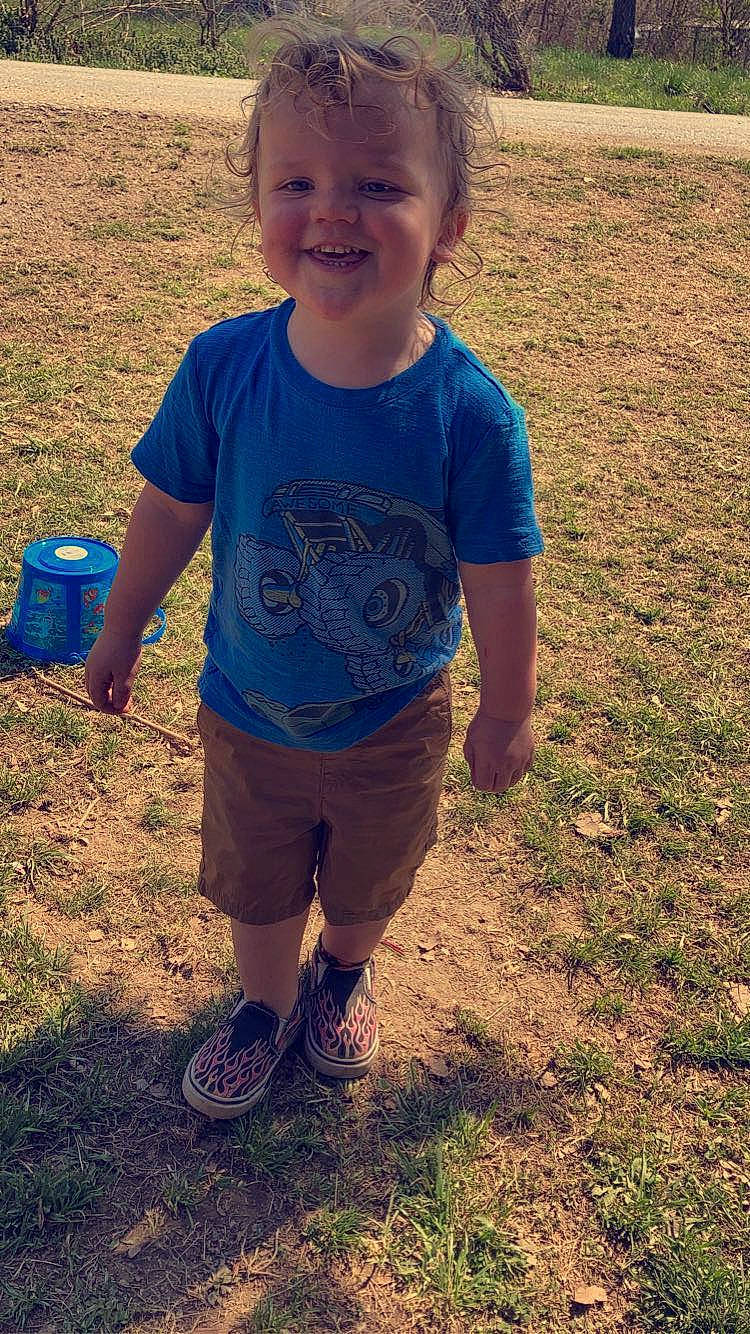 Leland joined the competition — help win amazing prizes! baby_toddler_clothing, blue, child, cool, electric_blue, face, fun, grass, hairstyle, happy, joy, leg, leisure, people_in_nature, person, sleeve, smile, soil, standing, summer