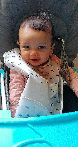 Shana participe au concours pour gagner de l'argent avec cette photo : baby, baby_toddler_clothing, blue, cheek, face, facial_expression, happy, head, iris, mouth, nose, organ, outerwear, person, photograph, product, skin, sleeve, smile, standing