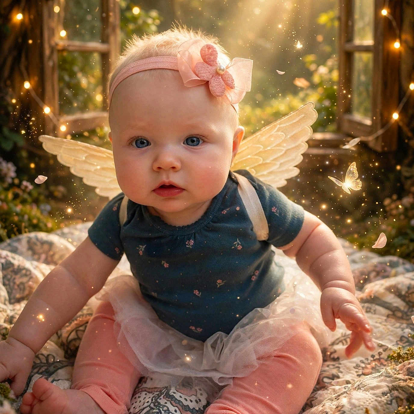 Nevaeh joined the competition — help win amazing prizes! baby, child, infant, portrait, sitting, face, blue_eyes, flower_headband, angel_wings, fairy, forest, woodland, sunlight, sunbeams, sparkles, butterfly, petals, blanket, floral_clothing, outdoor