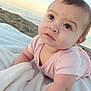 baby, infant, child, beach, blanket, ocean, sand, sunset, portrait, cute, eyes, lying, towel, pink_clothing, close_up, outdoor, horizon, seaside, skin, onesie