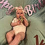 Paisleigh joined the competition — help win amazing prizes! baby, infant, headband, pink, onesie, birthday, banner, green_background, chewing, wooden_plaque, milestone, six_months, sitting, cute, celebration, festive, child, portrait, smiling, indoors