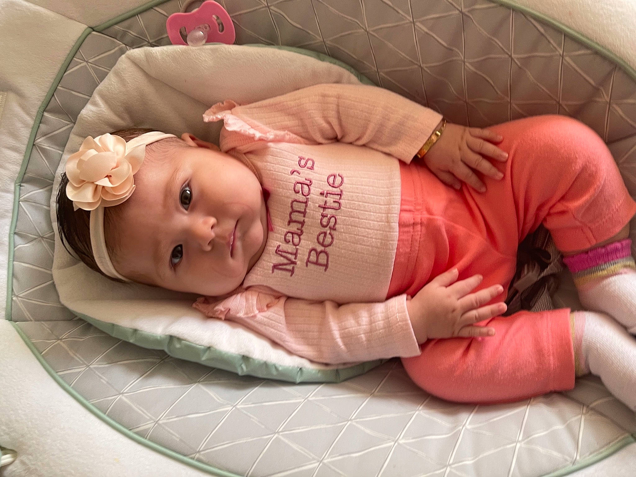 Yadelin joined the competition — help win amazing prizes! arm, baby, baby_carriage, baby_products, baby_safety, baby_toddler_clothing, cheek, child, comfort, headwear, human_leg, infant_bed, linens, mouth, person, pink, room, sitting, skin, textile