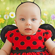 Elise is registered to the contest to win money with this photo: baby, child, costume, ladybug, red_dress, polka_dots, headband, antennae, portrait, cute, smiling, outdoor, flowers, greenery, infant, happy, closeup, face, eyes, skin