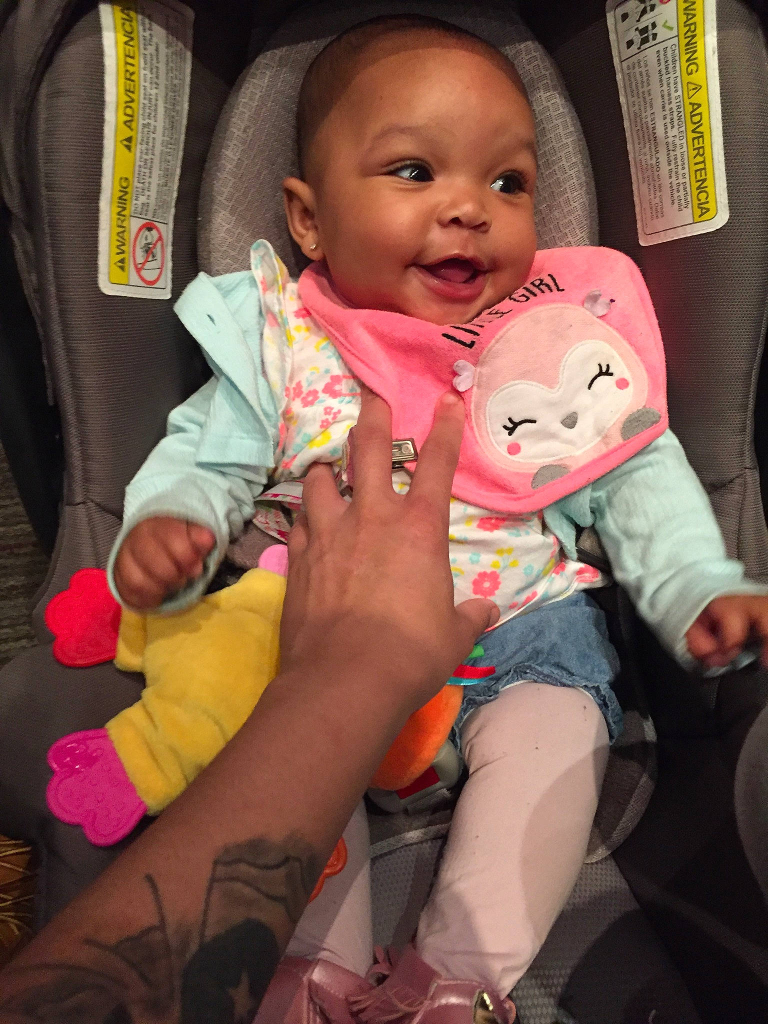 Keziah is registered to the contest to win money with this photo: baby, baby_carriage, baby_in_car_seat, baby_products, car_seat, cheek, child, fun, person, pink, product, skin, smile, toddler