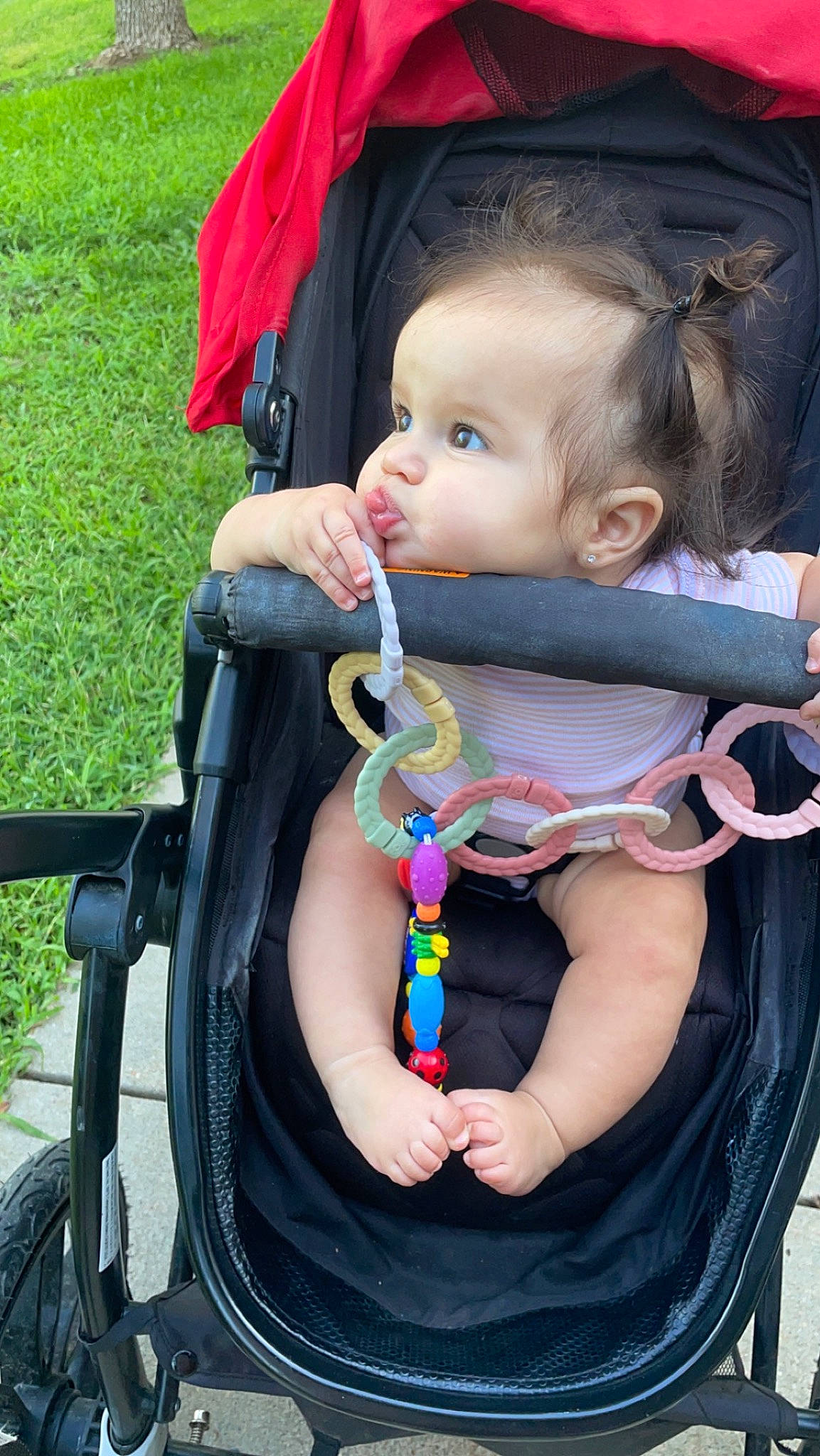 Luciana is registered to the contest to win money with this photo: baby, baby_carriage, baby_products, baby_toddler_clothing, black, cheek, child, eye, face, grass, hand, happy, jewellery, person, photograph, pink, plant, product, skin, snapshot