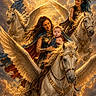 Ryker joined the competition — help win amazing prizes! adult, baby, child, clouds, fantasy, golden_light, horse, illustration, infant, mythology, parent, pegasus, portrait, rider, sky, smiling, sunlight, winged_horse, wings, woman