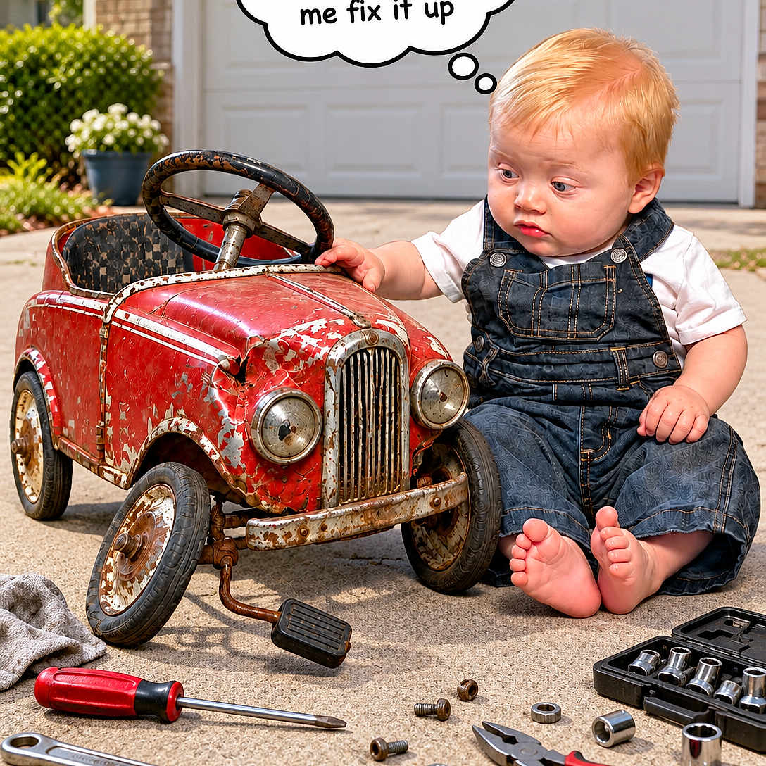 Ryker is registered to the contest to win money with this photo: baby, blond_hair, boy, child, driveway, face, garage, pedal_car, pliers, red_car, screwdriver, serious_expression, sitting, steering_wheel, thought_bubble, toddler, tools, toy_car, vintage_car, wrench