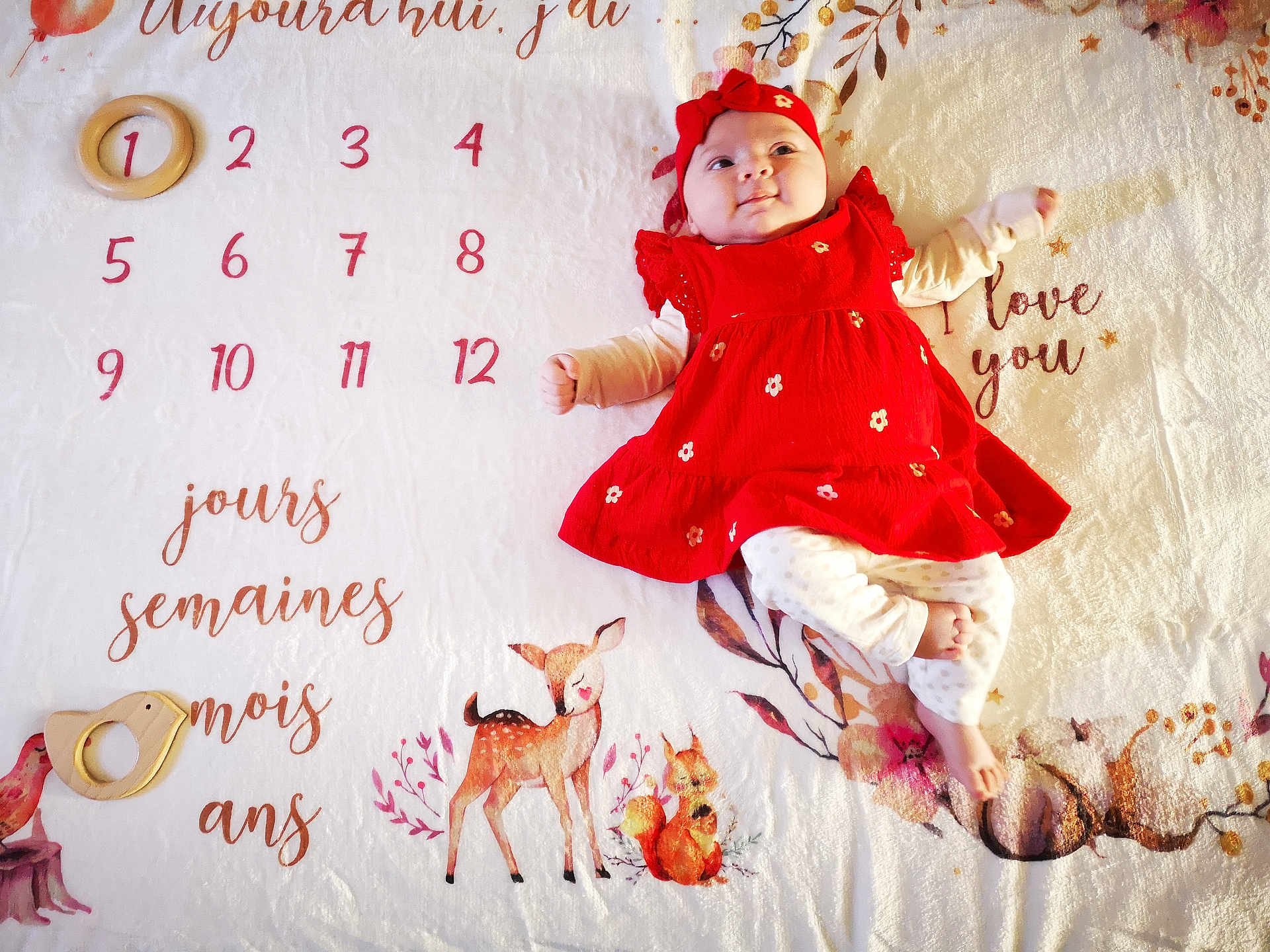 Sofia participe au concours pour gagner de l'argent avec cette photo : baby, red_dress, headband, blanket, numbers, text, french_text, deer, squirrel, flower, pattern, infant, cute, lying_down, soft_texture, child, smiling, illustration, woodland_animals, warm_colors