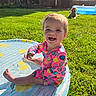 backyard, child, colorful_clothing, dog, fun, grass, happy, inflatable_pool, outdoor, pet, play, pool, sitting, small_pool, smiling, summer, sunny, swimsuit, toddler, water