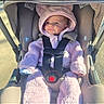 Leighton joined the competition — help win amazing prizes! baby, car_seat, child, clothing, cute, daylight, happy, hooded_clothing, infant, outdoor, person, pink_onesie, portrait, safety, seatbelt, smile, straps, sunlight, teddy_bear_ears, young_child