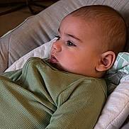 Elijah is registered to the contest to win money with this photo: baby, child, infant, green_clothing, ribbed_fabric, cushion, seat, indoors, musical_instrument, banjo, face, head, ear, expression, comfort, relaxation, portrait, side_view, soft_lighting, homely