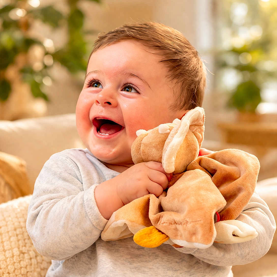 Gabin participe au concours pour gagner de l'argent avec cette photo : baby, child, smiling, happy, plush_toy, indoor, cozy, blanket, cute, infant, portrait, light, warm, soft, clothing, sitting, face, expression, young, person