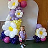 child, girl, balloons, balloon_flowers, birthday, party, purple, yellow, white, pink, decoration, portrait, standing, smiling, indoor, backdrop, door, floor, dress, shoes