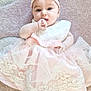 Ella participe au concours pour gagner de l'argent avec cette photo : baby, infant, child, dress, pink, bow, headband, carpet, lace, sucking_thumb, cute, soft, lying_down, portrait, adorable, person, indoor, young, fashion, clothing