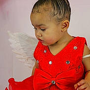 Kaioni joined the competition — help win amazing prizes! adorable, angel, bow, celebration, child, costume, curly_hair, cute, earrings, face, fashion, hair_accessory, indoors, pink_background, portrait, red_dress, sequins, small_child, toddler, wings