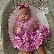 Sophia is registered to the contest to win money with this photo: baby, infant, child, portrait, lying_down, smiling, face, pink, headband, bow, dress, mittens, flowers, blanket, cushion, bed, indoors, close_up, baby_girl, photography